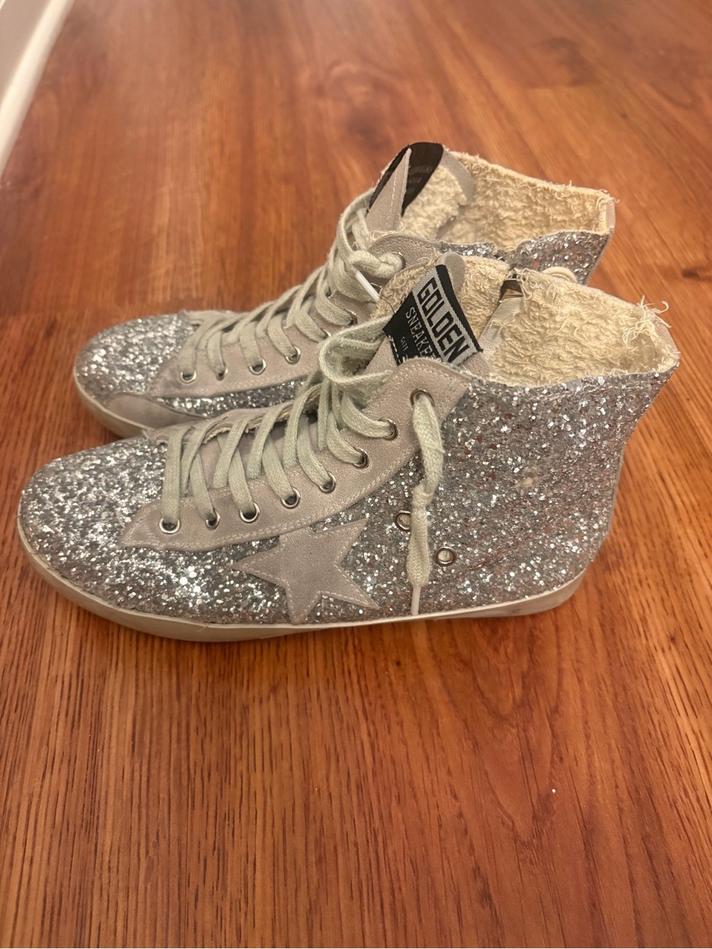 FAKE Golden Goose-Inspired Silver Glitter High-Top Sneakers - Women's
